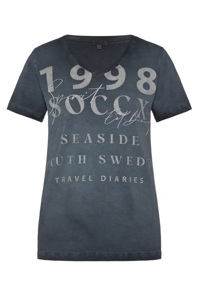 Damen CAMP DAVID & SOCCX T-Shirt mit V-Ausschnitt und Wording Print blue navy