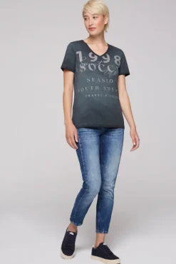 Damen CAMP DAVID & SOCCX T-Shirt mit V-Ausschnitt und Wording Print blue navy