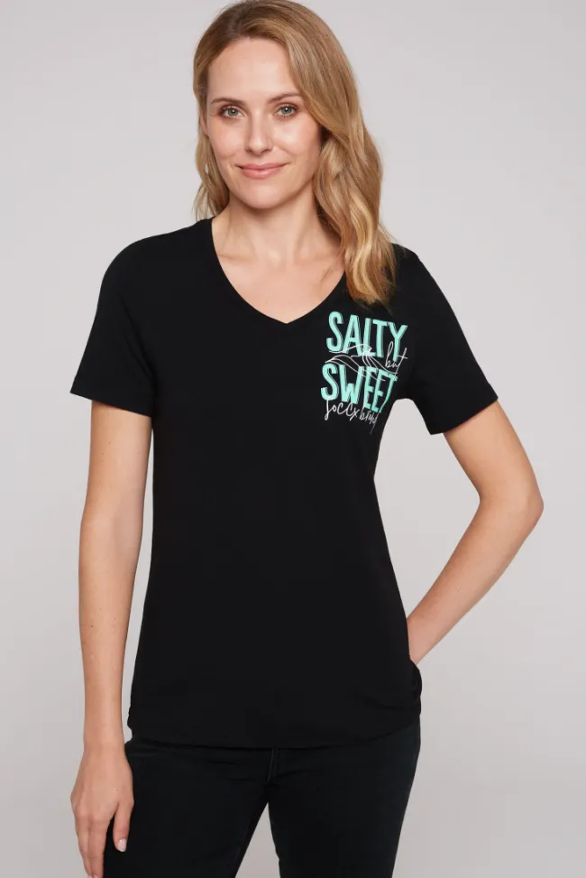 Damen CAMP DAVID & SOCCX T-Shirt mit V-Ausschnitt und Label Print