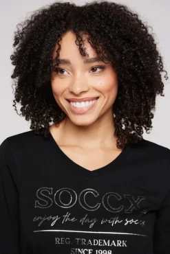 Damen CAMP DAVID & SOCCX T-Shirt mit V-Ausschnitt und Print