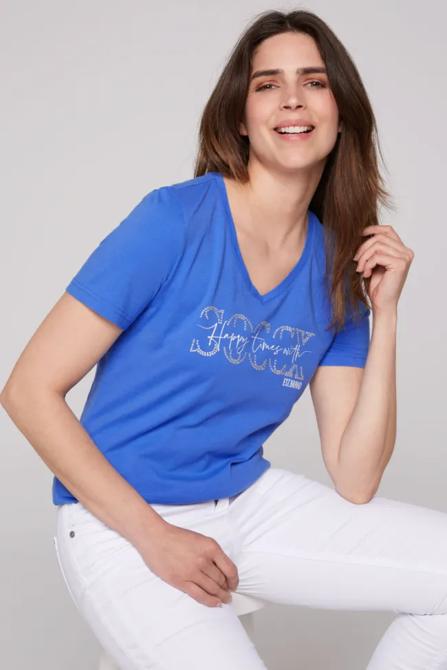 Damen CAMP DAVID & SOCCX T-Shirt mit V-Ausschnitt und Logo Artwork deep sky