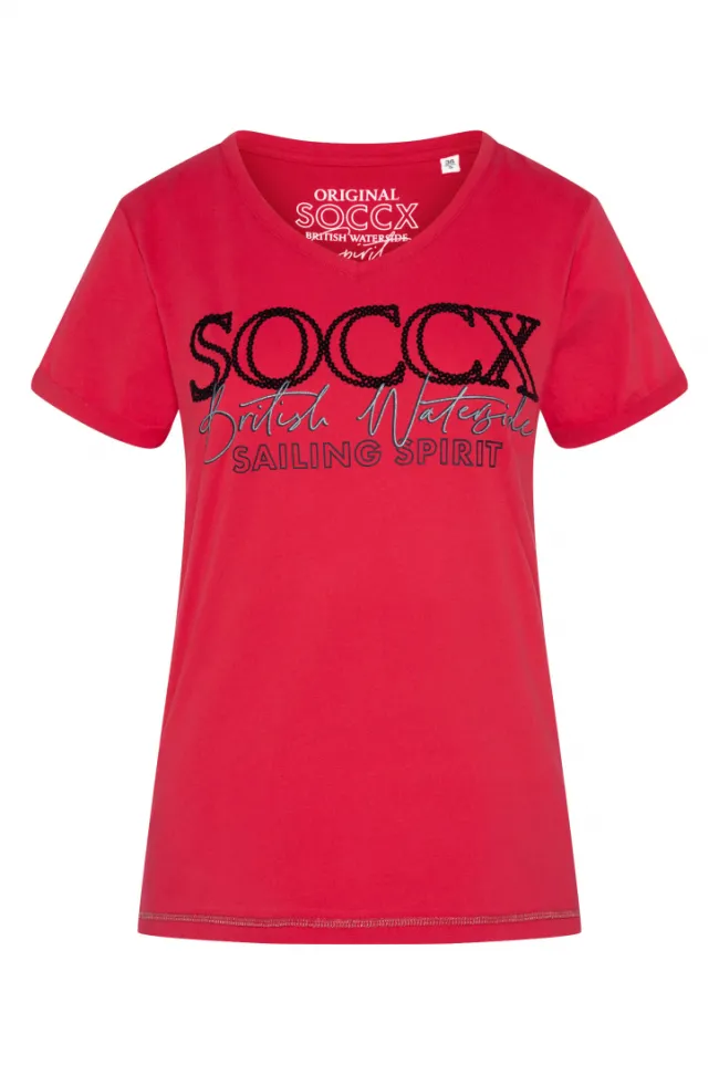 Damen CAMP DAVID & SOCCX T-Shirt mit V-Ausschnitt und Glitter Print clear red