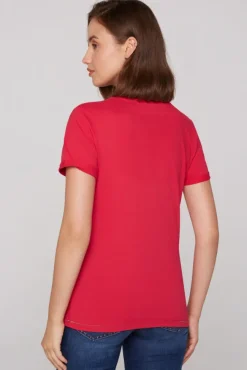Damen CAMP DAVID & SOCCX T-Shirt mit V-Ausschnitt und Glitter Print clear red