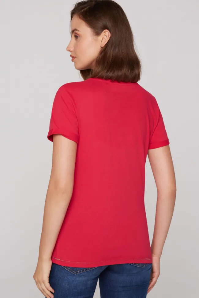 Damen CAMP DAVID & SOCCX T-Shirt mit V-Ausschnitt und Glitter Print clear red