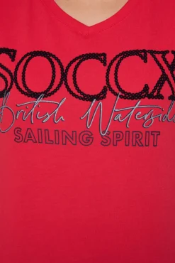 Damen CAMP DAVID & SOCCX T-Shirt mit V-Ausschnitt und Glitter Print clear red