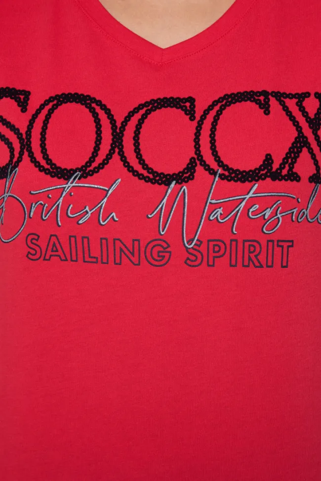 Damen CAMP DAVID & SOCCX T-Shirt mit V-Ausschnitt und Glitter Print clear red