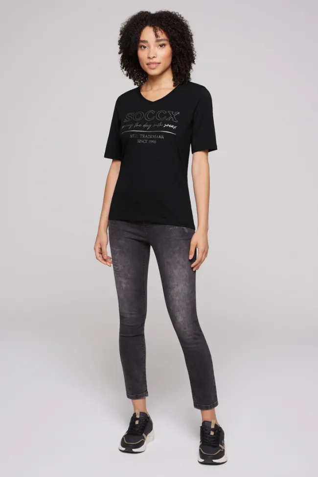 Damen CAMP DAVID & SOCCX T-Shirt mit V-Ausschnitt und Print