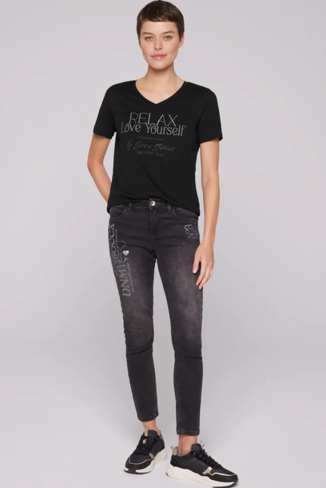 Damen CAMP DAVID & SOCCX T-Shirt mit V-Ausschnitt und Glitter Wording