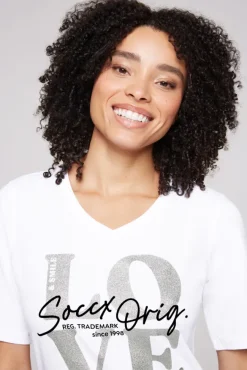 Damen CAMP DAVID & SOCCX T-Shirt mit V-Ausschnitt und Print