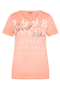 Damen CAMP DAVID & SOCCX T-Shirt mit V-Ausschnitt und Wording Print neon orange