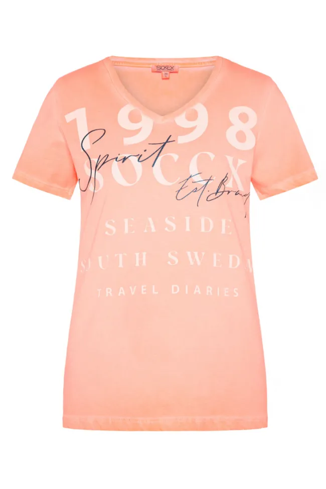 Damen CAMP DAVID & SOCCX T-Shirt mit V-Ausschnitt und Wording Print neon orange