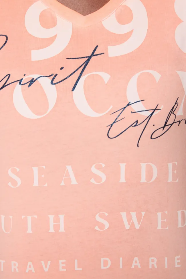 Damen CAMP DAVID & SOCCX T-Shirt mit V-Ausschnitt und Wording Print neon orange