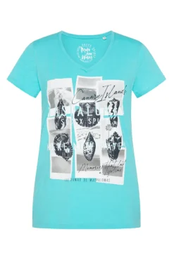 Damen CAMP DAVID & SOCCX T-Shirt mit V-Neck und Print Artwork lagoon blue
