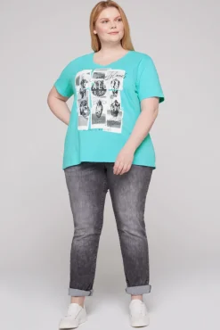 Damen CAMP DAVID & SOCCX T-Shirt mit V-Neck und Print Artwork lagoon blue
