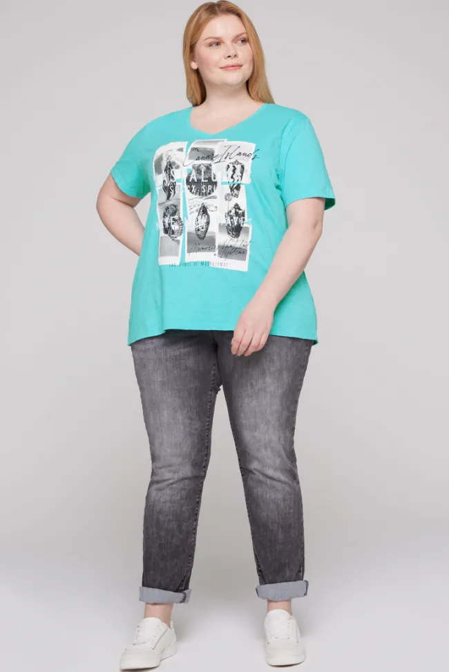 Damen CAMP DAVID & SOCCX T-Shirt mit V-Neck und Print Artwork lagoon blue