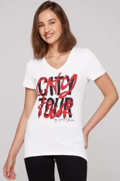 Damen CAMP DAVID & SOCCX T-Shirt mit Wording Print und Schmucksteinen