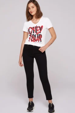 Damen CAMP DAVID & SOCCX T-Shirt mit Wording Print und Schmucksteinen
