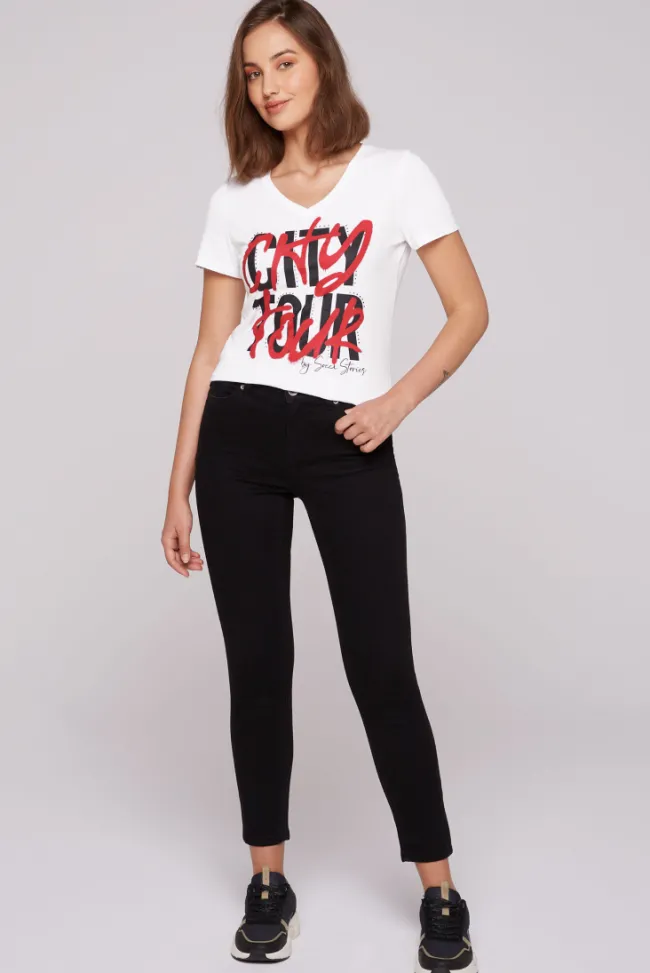 Damen CAMP DAVID & SOCCX T-Shirt mit Wording Print und Schmucksteinen