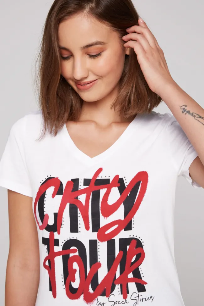 Damen CAMP DAVID & SOCCX T-Shirt mit Wording Print und Schmucksteinen