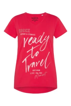 Damen CAMP DAVID & SOCCX T-Shirt mit Wording Print und Schmucksteinen pinky red