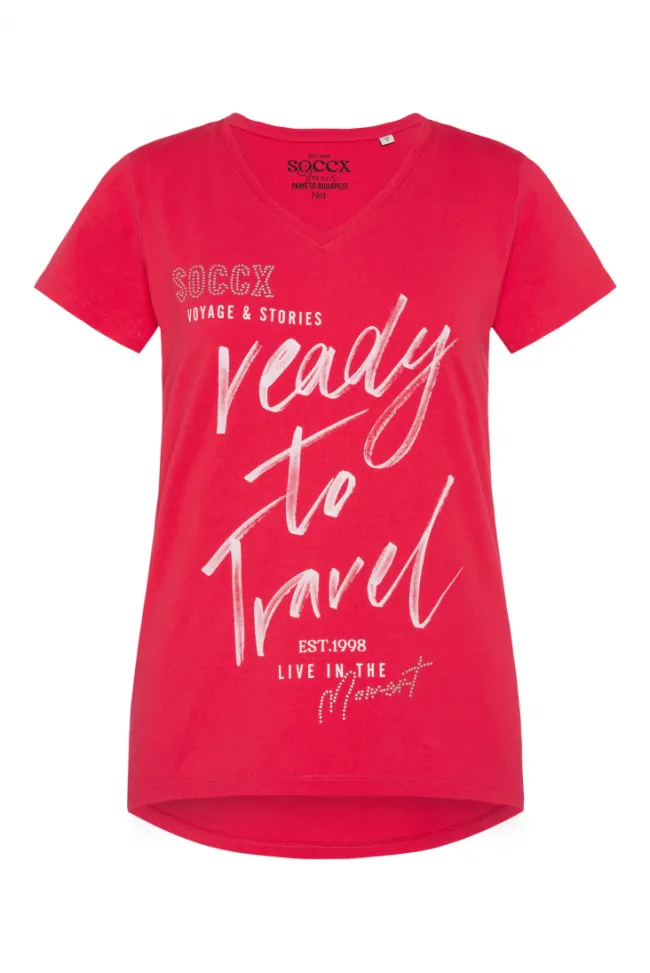 Damen CAMP DAVID & SOCCX T-Shirt mit Wording Print und Schmucksteinen pinky red