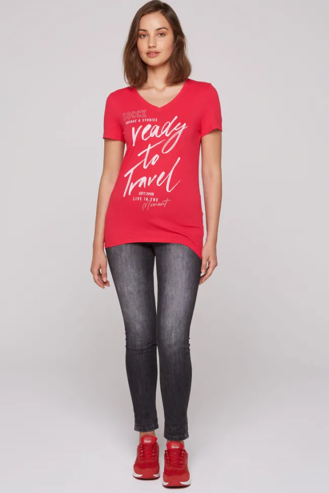 Damen CAMP DAVID & SOCCX T-Shirt mit Wording Print und Schmucksteinen pinky red