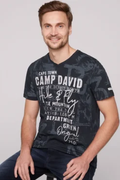 Herren CAMP DAVID & SOCCX T-Shirt V-Neck mit All Over Print blue navy