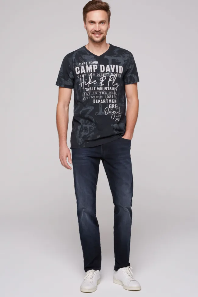 Herren CAMP DAVID & SOCCX T-Shirt V-Neck mit All Over Print blue navy