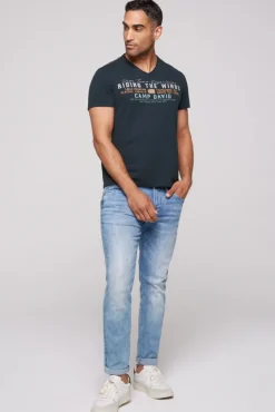 Herren CAMP DAVID & SOCCX V-Shirt mit Flockprint blue navy